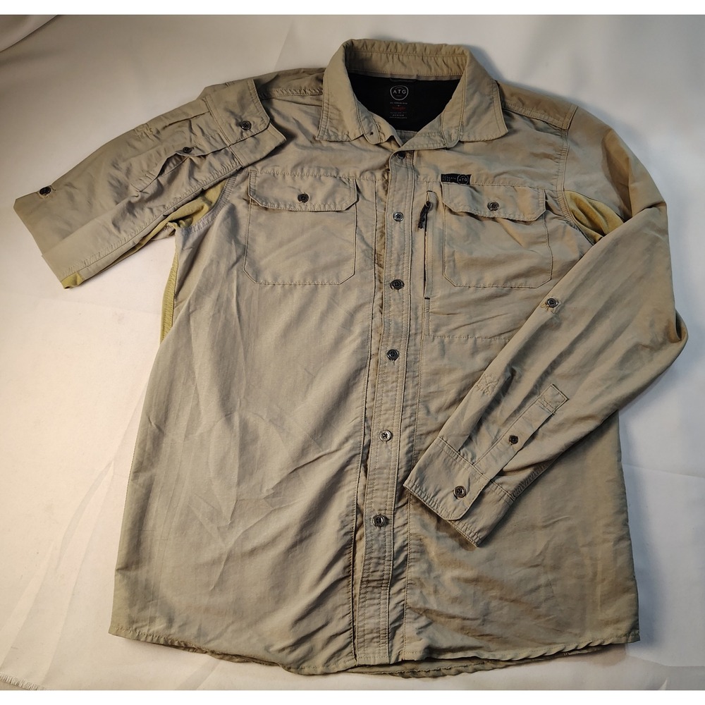 Wrangler ATG Men Size M Tan Utility Hiking Fishing Shirt Roll Tab Sleeve Outdoor
